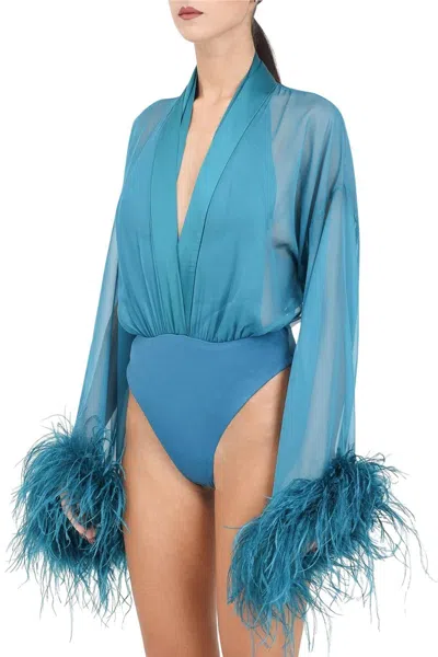 Santas Deep V-neck Bodysuit With Sheer Sleeves In Multi