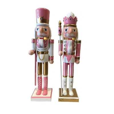 Santa's Workshop 2 Piece Nutcrackers Set In Pink;gold;white
