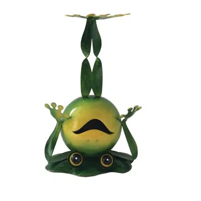 Santa's Workshop Iron Frog Standing On Head Garden Art In Green;yellow