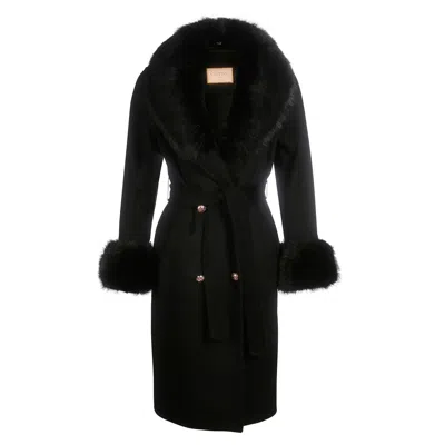 Santinni Women's Black 'marlene' 100% Cashmere & Wool Coat With Faux Fur In Nero