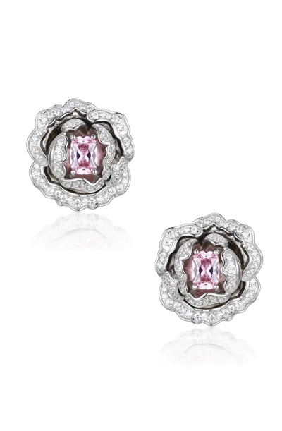 Santinni Women's Pink / Silver 'marchioness' Flower-motif Silver Earrings With Pink Crystal In Multi