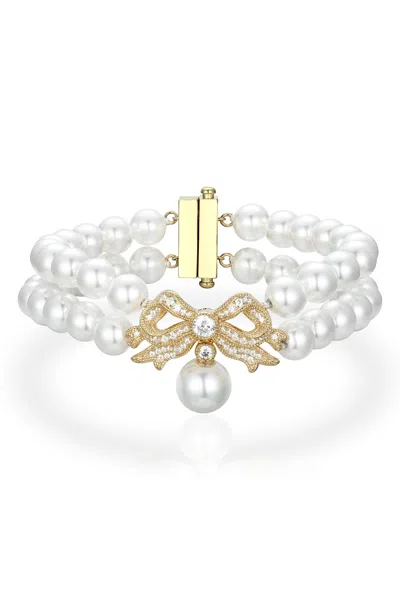 Santinni Women's Sissi Double Strand Pearl Bracelet With Gold Bow