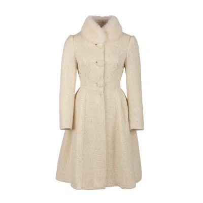 Santinni Women's White Starlet Wool Tweed Dress Coat With Faux Fur In Crema