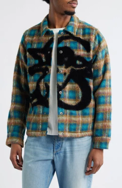 Santo Studio Angel Plaid Flannel Snap-up Shirt Jacket In Blue