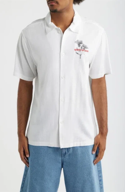 Santo Studio Flower Shadow Short Sleeve Slub Cotton Button-up Shirt In White