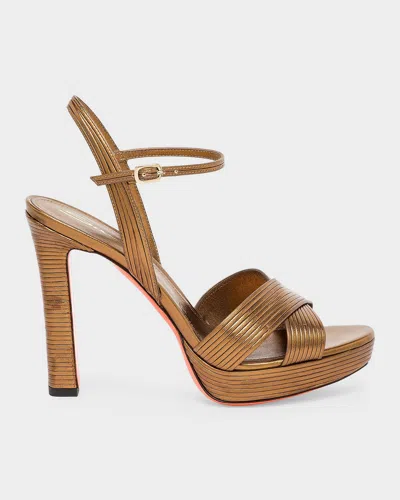 Santoni 100mm Laureen Metallic Leather Platform Sandals In Brown