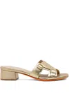 Santoni Metallic Block Heel Sandals With Buckle Detail In Gold