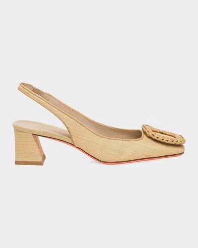 Santoni 50mm Lemon Raffia And Leather Slingback Pumps In Yellow