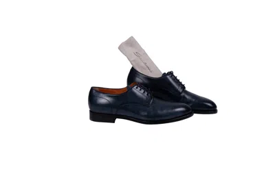Pre-owned Santoni 690$  "fatte A Mano In Italia" Derby Business Shoes Blue Antiqued Leather