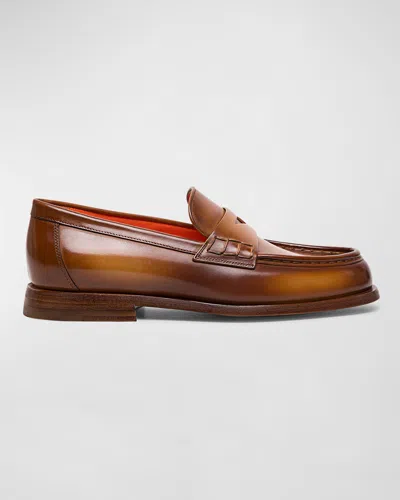 Santoni Airglow Classic Leather Penny Loafers In Brown