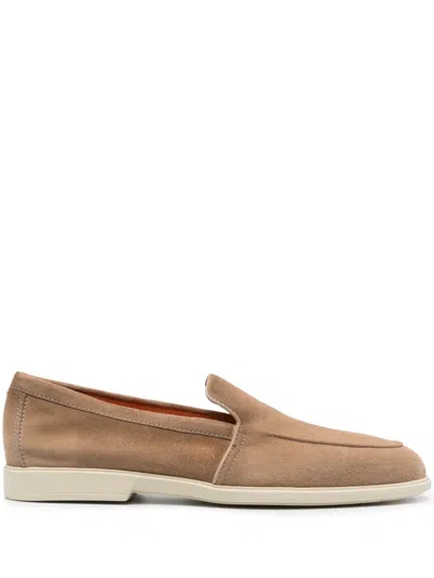 Santoni Almond Suede Loafers In Brown