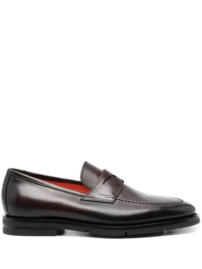 Santoni Almond-toe Leather Penny Loafers In 褐色