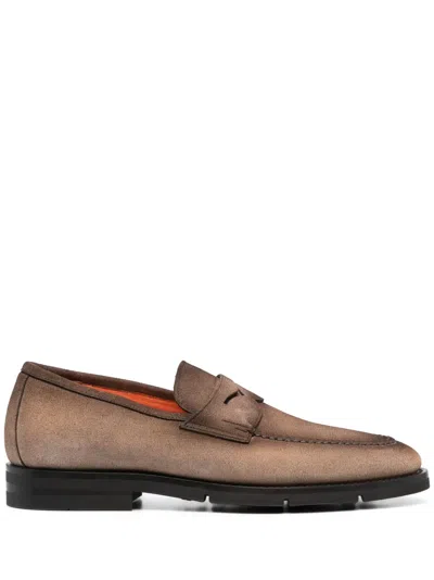 Santoni Almond-toe Suede Loafers In Braun