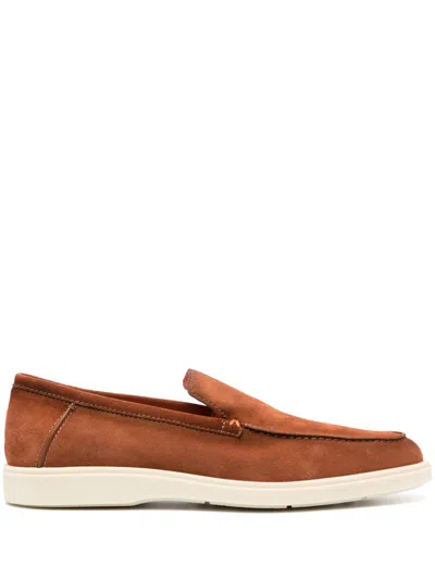 Santoni Almond-toe Suede Loafers In Brown