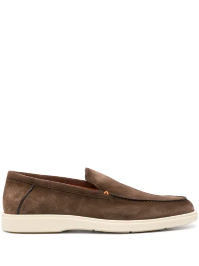 Santoni Almond-toe Suede Loafers In Brown