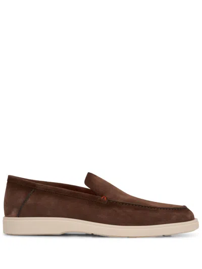 Santoni Almond-toe Suede Loafers In Brown