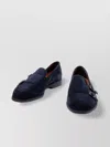 Santoni Almond Toe Suede Loafers With Double Buckle In Blue