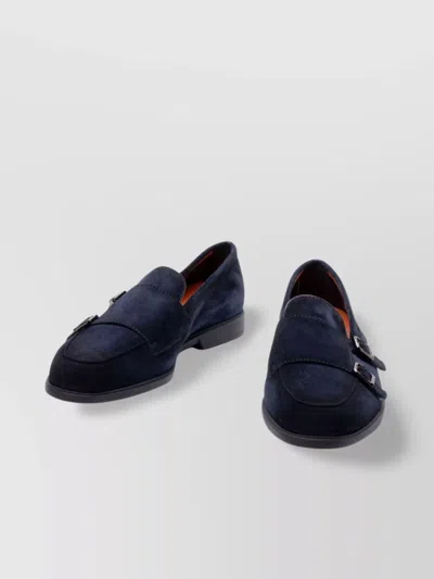 Santoni Almond Toe Suede Loafers With Double Buckle In Blue