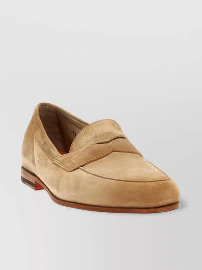 Santoni Almond Toe Suede Loafers With Tonal Stitching