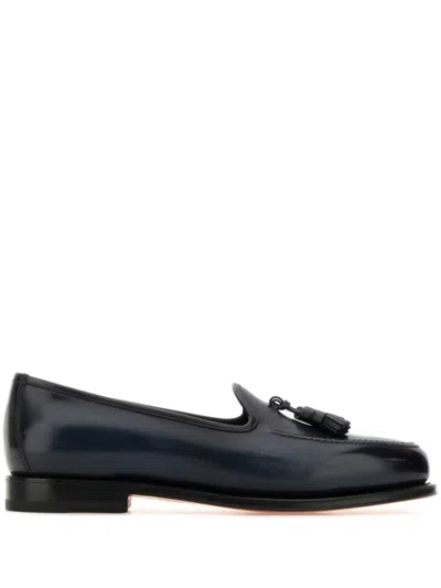 Santoni Dark Blue Leather Andrew Loafers In Black