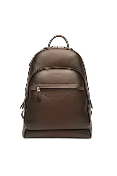Santoni Artisanal Brown Leather Backpack With Dual Compartments In Grey