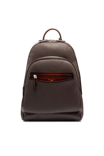 Santoni Artisanal Brown Leather Backpack With Dual Compartments In Grey