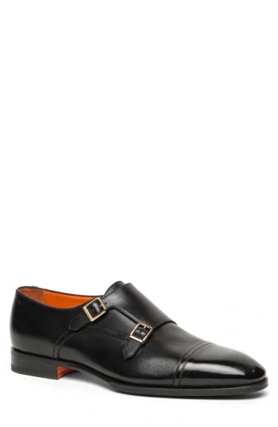 Santoni Axel Double Monk Strap Cap Toe Shoe In Black