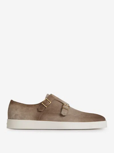 Santoni Atlantis Monk-strap Suede Low-top Trainers In Grey