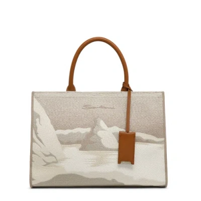 Santoni Beige Fabric Medium Tote Bag Natural