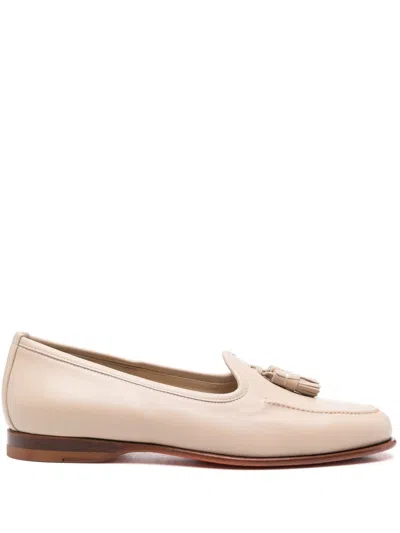 Santoni Beige Leather Tassel Loafers With Rubber Sole In Multi