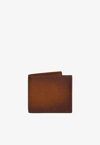 Santoni Bi-fold Logo Wallet In Saffiano Leather In Brown