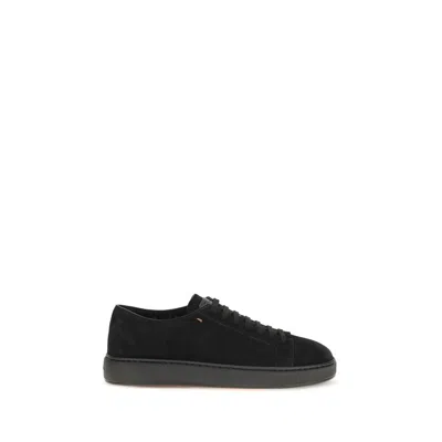 Santoni Black Calf Leather Bos Taurus Low Top Sneakers In Animal Print