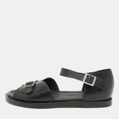 Pre-owned Santoni Black Leather Buckle Strap Flat Sandals Size 44