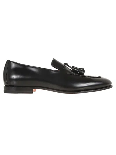 Santoni Black Leather Moccasin With Tapered Toe And Decorative Tassels