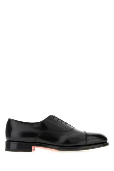 Santoni Black Leather New Linger Lace-up Shoes