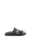 Santoni Black Leather Slipper With Fringe In Black