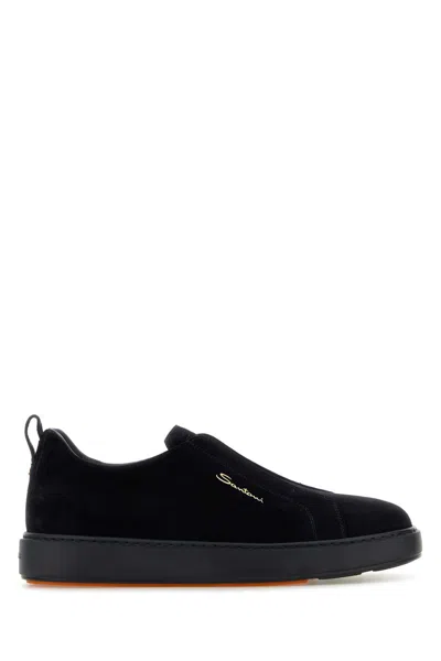 Santoni Black Suede Slip Ons In Blue