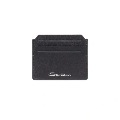 Santoni Black Tumbled Leather Credit Card Holder