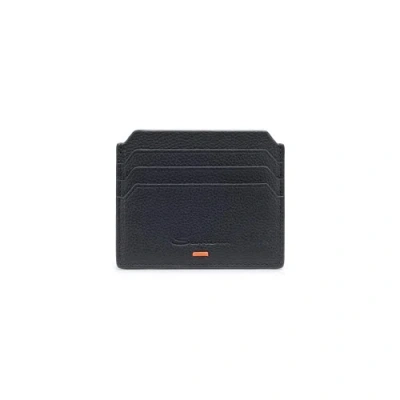 Santoni Black Tumbled Leather Credit Card Holder Fumo Black