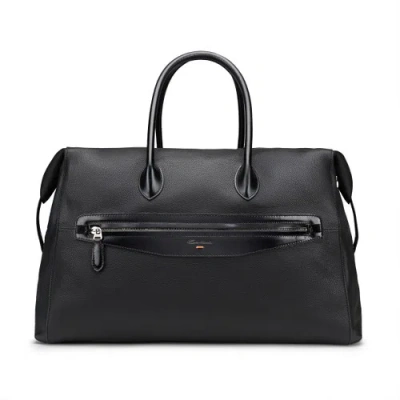 Santoni Black Tumbled Leather Weekend Bag Fumo Black