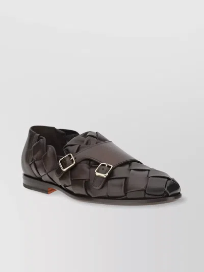 Santoni Block Heel Woven Leather Loafers In Gray