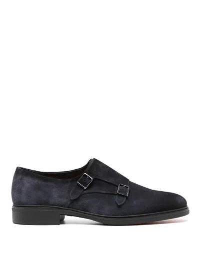Santoni Blue Suede Loafers With Buckles