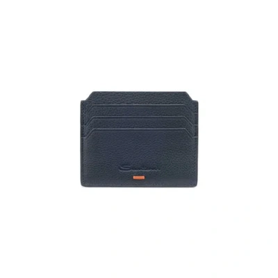 Santoni Blue Tumbled Leather Credit Card Holder Adriatico Blue
