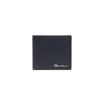Santoni Blue Tumbled Leather Wallet Adriatico Blue