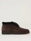 Santoni Suede Fur Trim Ankle Height Loafers In Brown