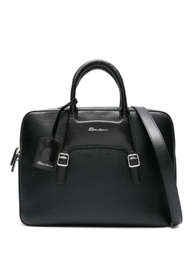 Santoni Panelled Leather Briefcase In Black