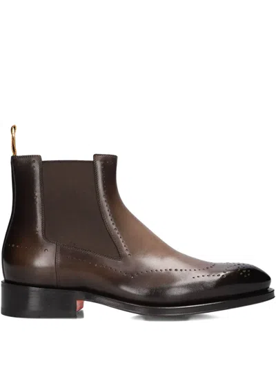 Santoni Brogue-detailed Chelsea Boots In Brown