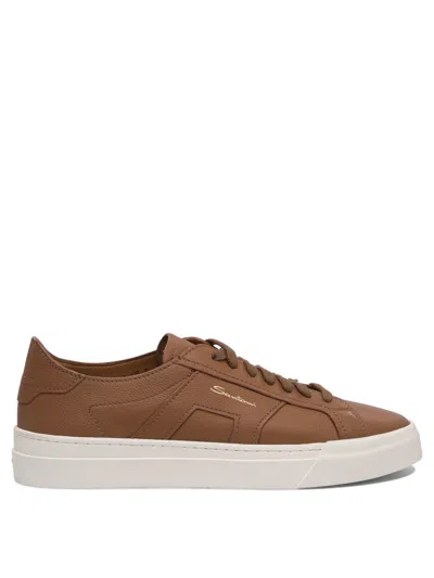Santoni Brown Calf Leather Slip-on Sneakers