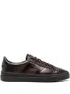 Santoni Brown Calfskin Lace-up Sneakers With Debossed Branding In Brown