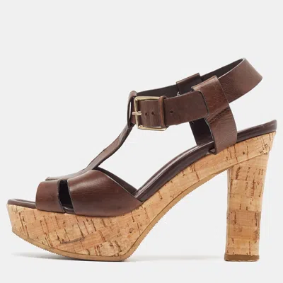 Pre-owned Santoni Brown Leather Ankle Strap Platform Sandals Size 37